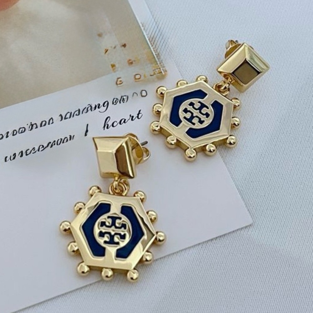 Tory Burch Hexagon Gold and Navy Earrings